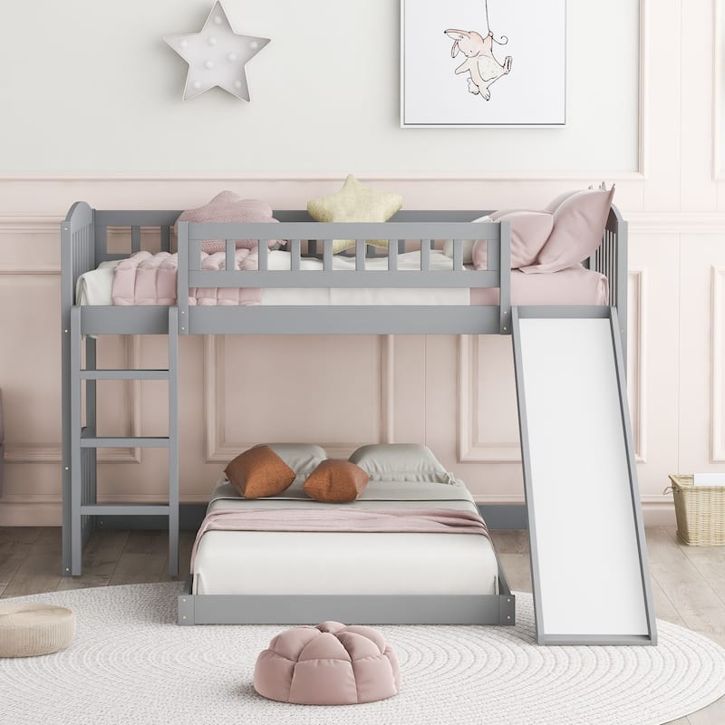 Twin Over Twin Bunk Bed with Slide and Ladder, Gray - Gray