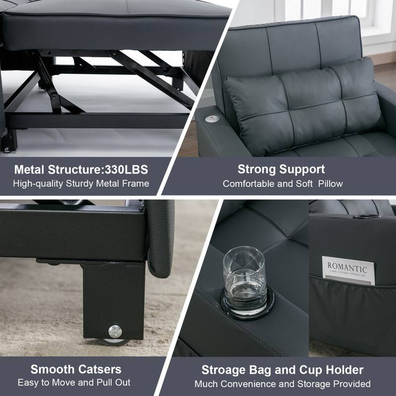 3-in-1 Pull out Convertible Futon Sleeper Armchair Beds with USB Ports