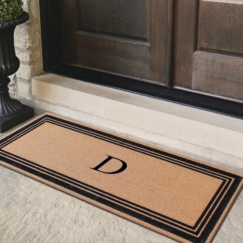 A1HC Natural Coir Monogrammed Flock Anti shed Treated Durable Doormat BlackBeige