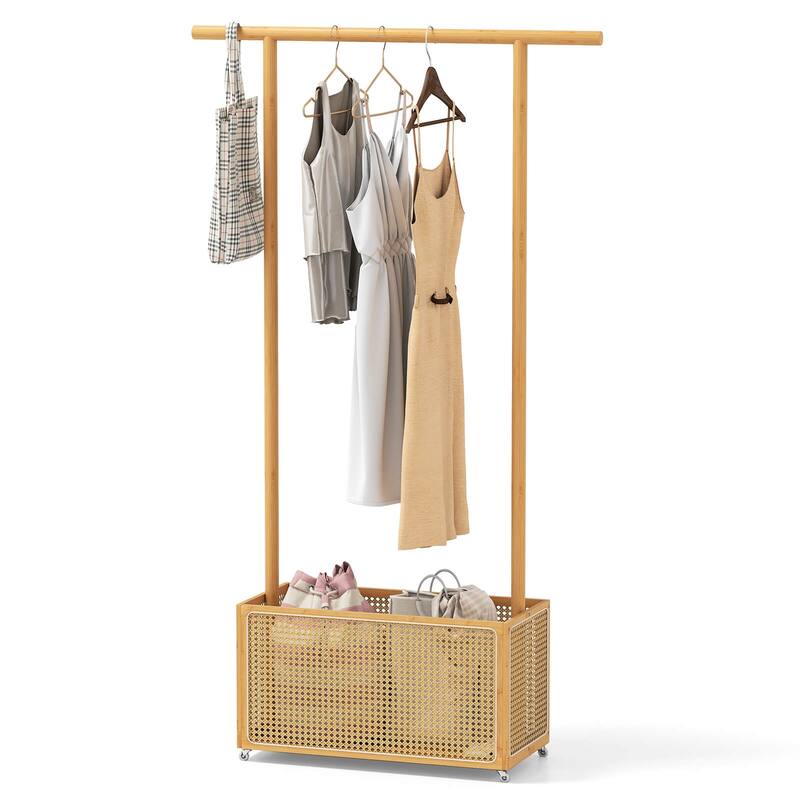 Costway Bamboo Clothes Rack with Rattan Storage Basket & Wheels, - See Details - Beige