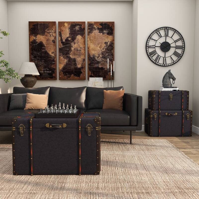 Blue Linen Fabric Nesting Upholstered Decorative Trunk with Buckle Hinged Top (Set of 3)