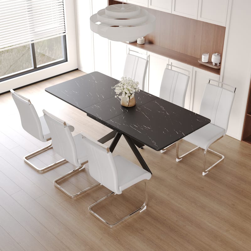Modern Dining Set with Rectangular Extendable Table & High Back C-shaped Tube Armless Chairs