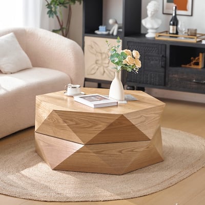 36.61'' Retro Style Polygon Flip Top Coffee Table, with Flip Top for Convenient Access, Hidden Storage