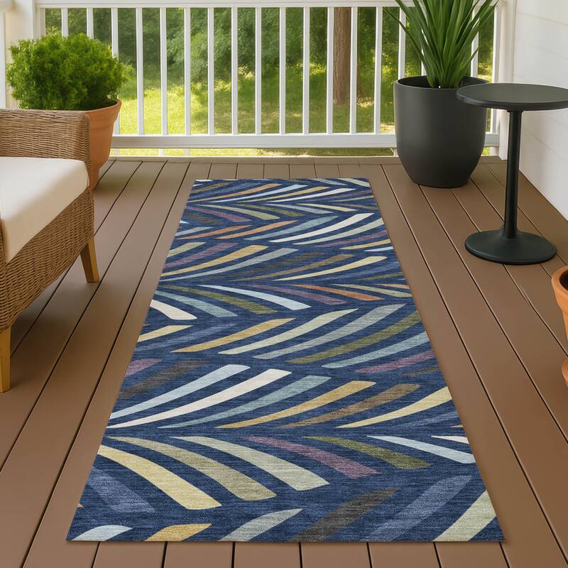 Machine Washable Indoor/ Outdoor Modern Feather Chantille Rug - Navy - 2'3" x 7'6"