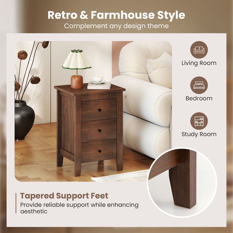 Costway 1PC/2PCS Nightstand End Beside Sofa Table w/ 3 Drawers Bedroom