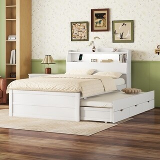 Full Size LED Platform Bed with Trundle, Wooden Bed with Storage Headboard, Kid's Bed with Drawers, LED and USB Outlets, White