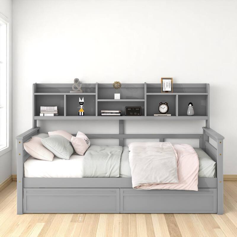 Wooden Twin/Full Daybed with 2 Storage Drawers and Bedside Shelves, No Box Spring Needed, Modern Design