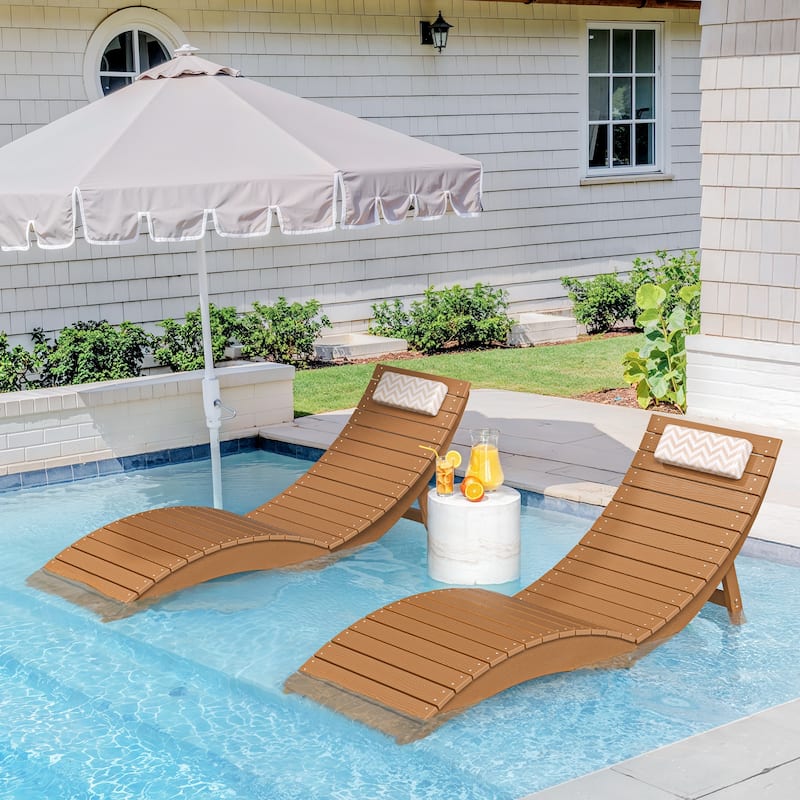Folding HDPS Plastic Outdoor Pool Chaise Lounges Lounge Chair Outdoor with Headrest Cushions - Teak/2 Set