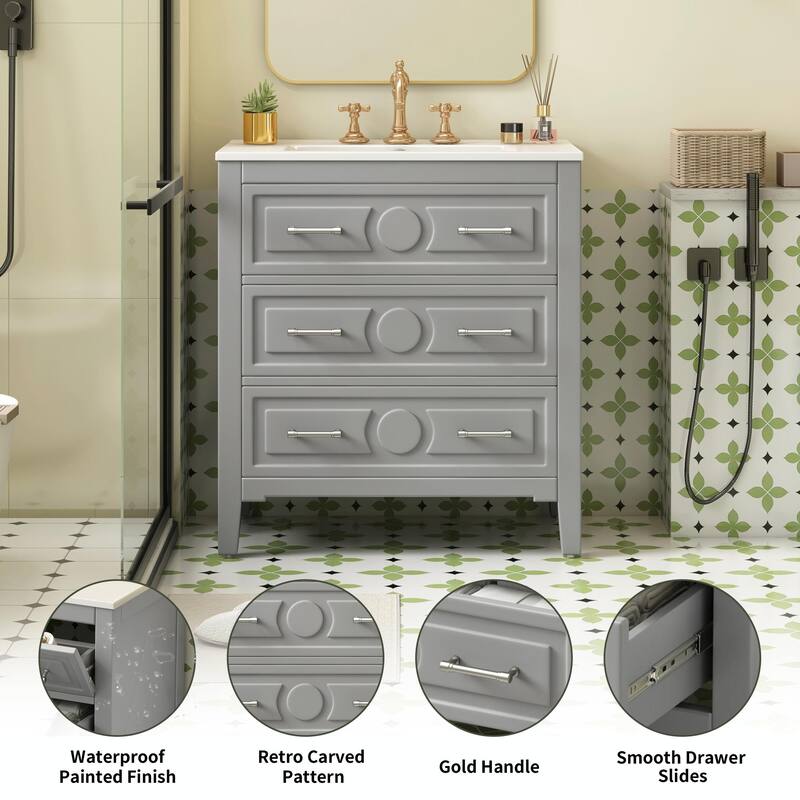 30'' Free Standing Bathroom Vanity Set with Ceramic Sink, 3 Drawers & Solid Wood Frame
