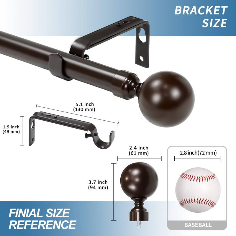 1-inch Diameter Steel Ball Adjustable Single Drapery Curtain Rod