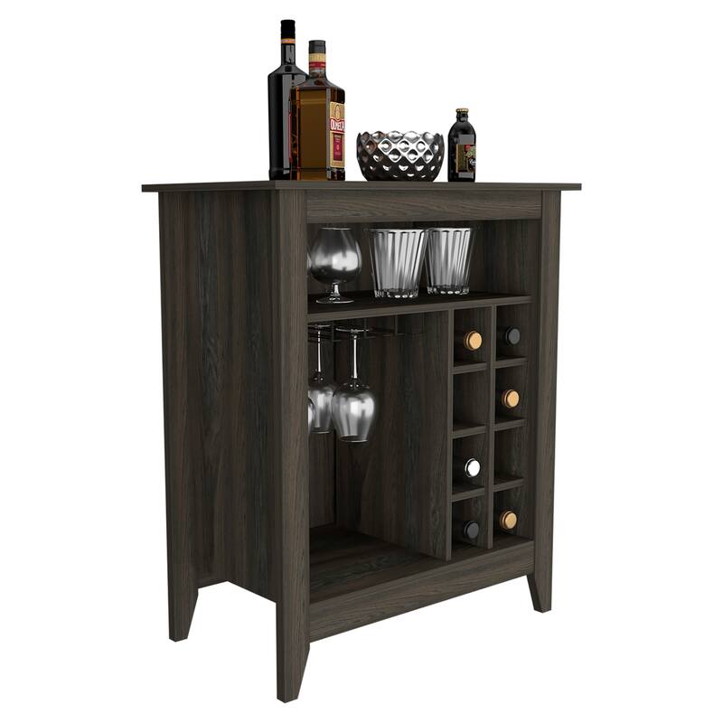 Black Wengue Finish Bar Cabinet with 6 Wine Cubbies, Open Shelf, and Interior Storage for Glasses
