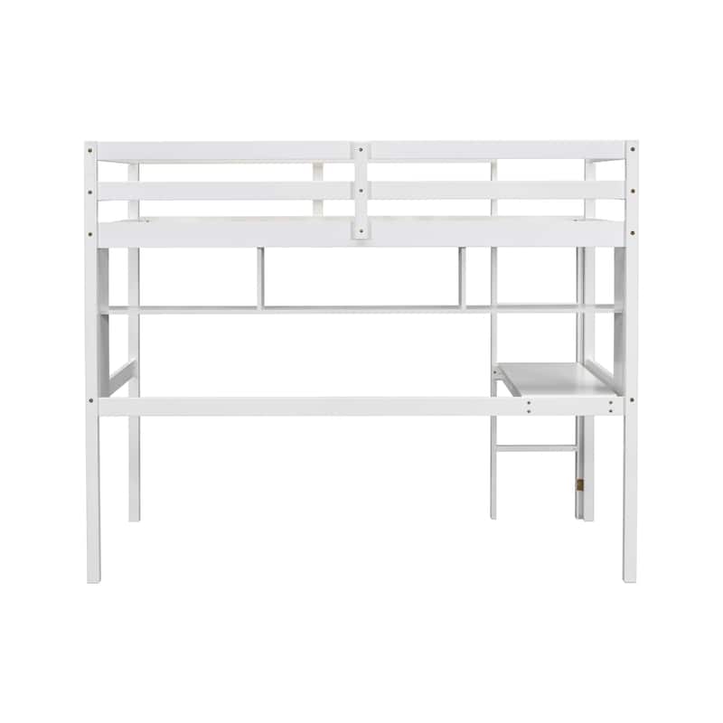 White Twin Size Wood Loft Bed with Desk and Shelves