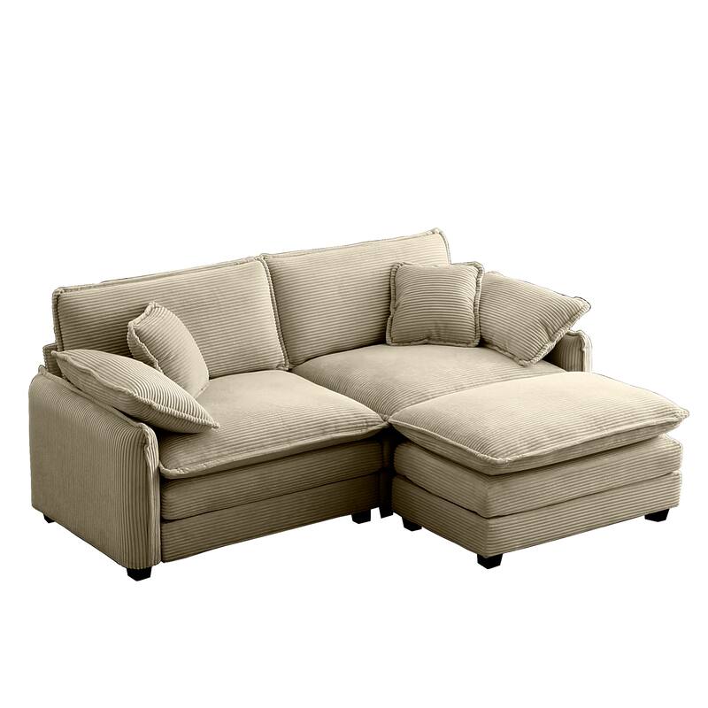 Tan 3-piece Corduroy Upholstered L-Shaped Modular Sectional Sofa with Removable Ottoman, 4 Pillows, and Free Combination