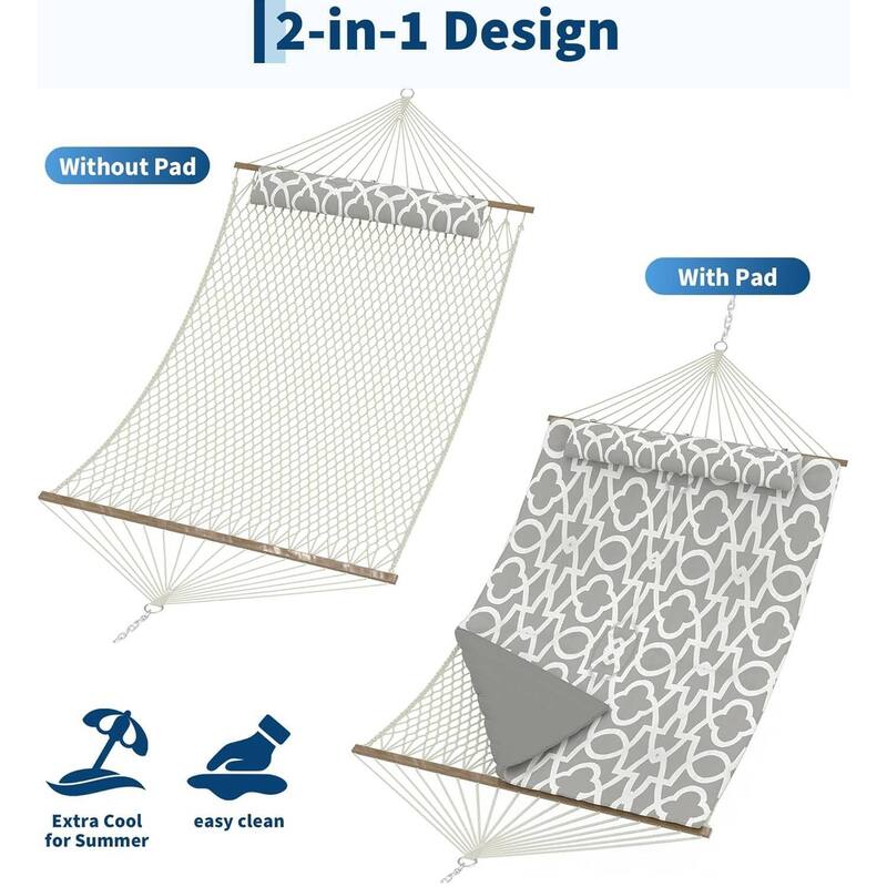 2 in 1 Outdoor Hammock with Cotton Rope and Polyester Pad for Patio, Backyard, Garden, Beach