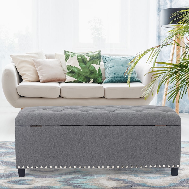 Adeco 41 Inches Storage Bench Linen Tufted Top Ottoman for Living Room