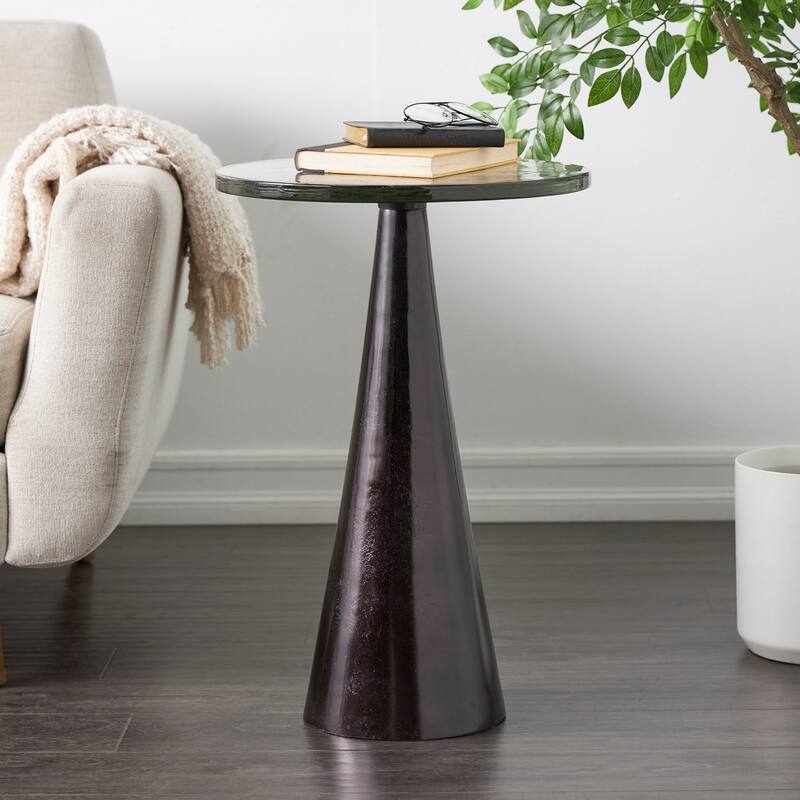 Gold or Black Aluminum Cone Geometric Accent Table with Textured Glass Tabletop - Black