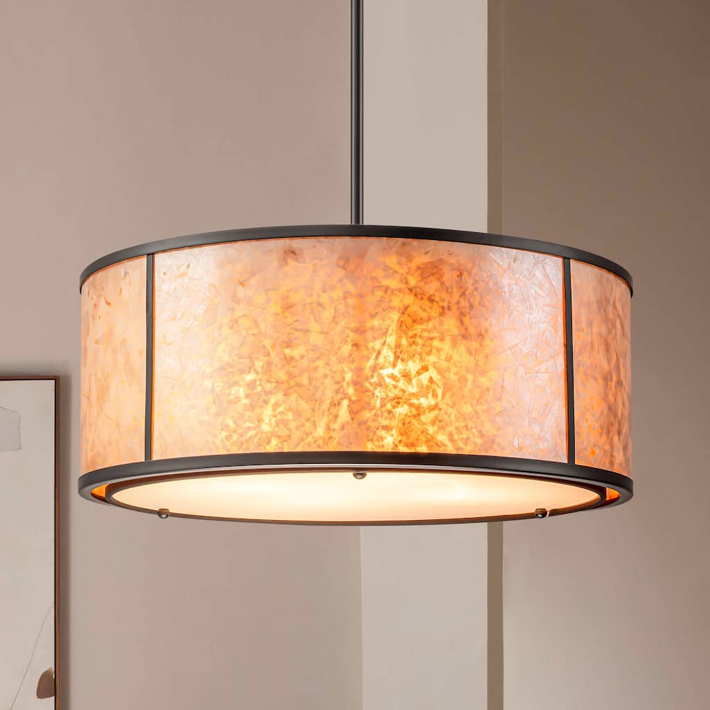 20" W and 8" W Rustic Matte Black Finish Tawny Mica Drum Pendant Light for Living Room & Bedroom