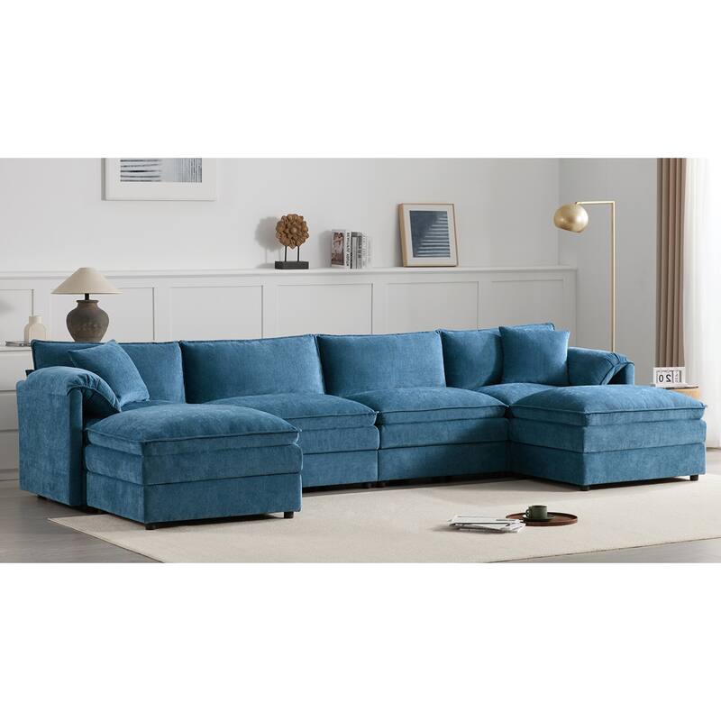 Roomfitters 136" Chenille Sectional Sofa, U Shaped Cloud Couch with Deep Wide Seat, 6 Seat Sofa with Ottoman