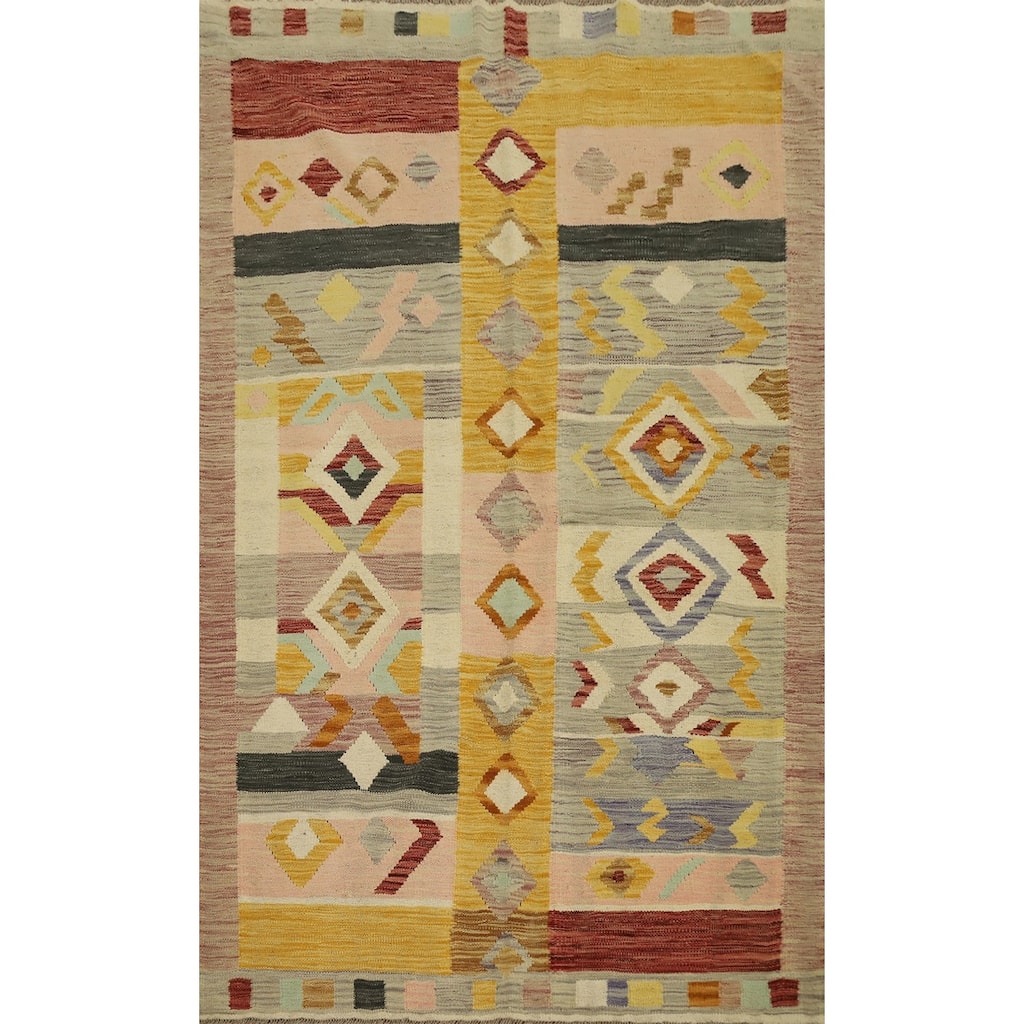 Hand Woven Oriental 100% Wool Carpet Southwestern Tribal Multi-Colored Kilim Area Rug - 5' 11'' X 4' 1''