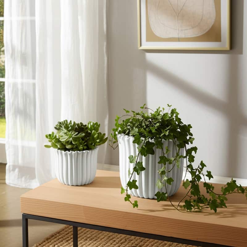 Pottery Cement Planters Textured Ribbed Sculptural Design (Set of 2) - 7.5" x 7.5" x 6"