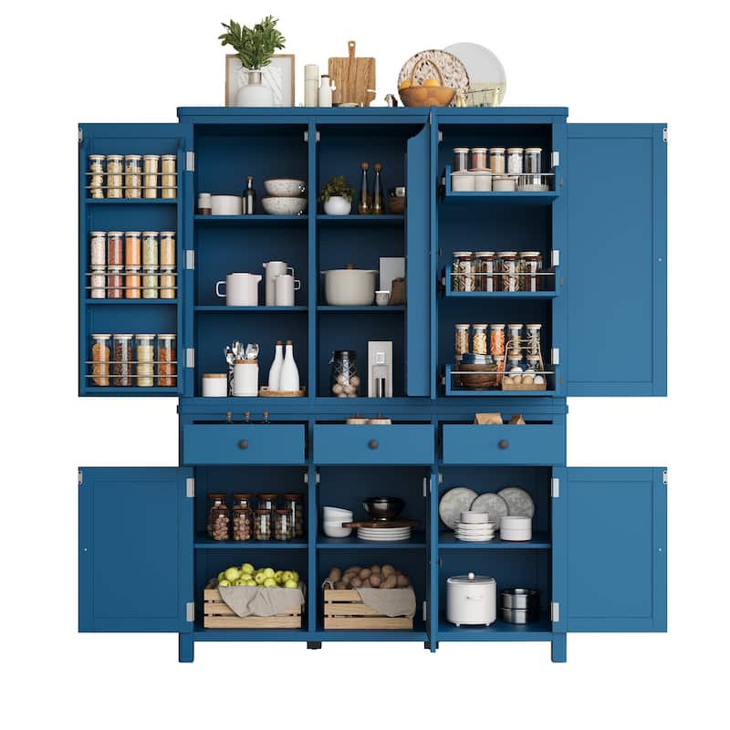 75" Farmhouse Kitchen Pantry Cabinet with Door Shelves, Large Freestanding Cupboard with Pull-Out Trays