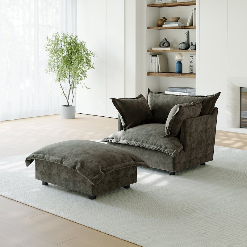 39"W Oversized Chenille Comfy Cloud Chaise Lounge with Ottoman