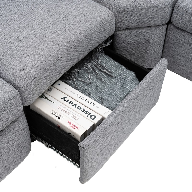 88.9" Linen Power Recliner Sectional 5-Seat Sofa with USB Ports and Storage Drawers