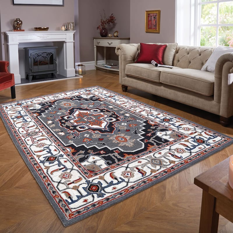 George Towne Living Persian Floral Luxury Handmade Traditional Persian Wool Area Rug - 2.6'x8' Runner - Charcoal/Multi