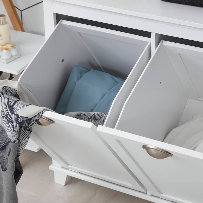 HOMCOM Laundry Room Organization and Storage Cabinet Freestanding Furniture with 2 Tilt Out Hamper Design, White - 30*15.75*27.5