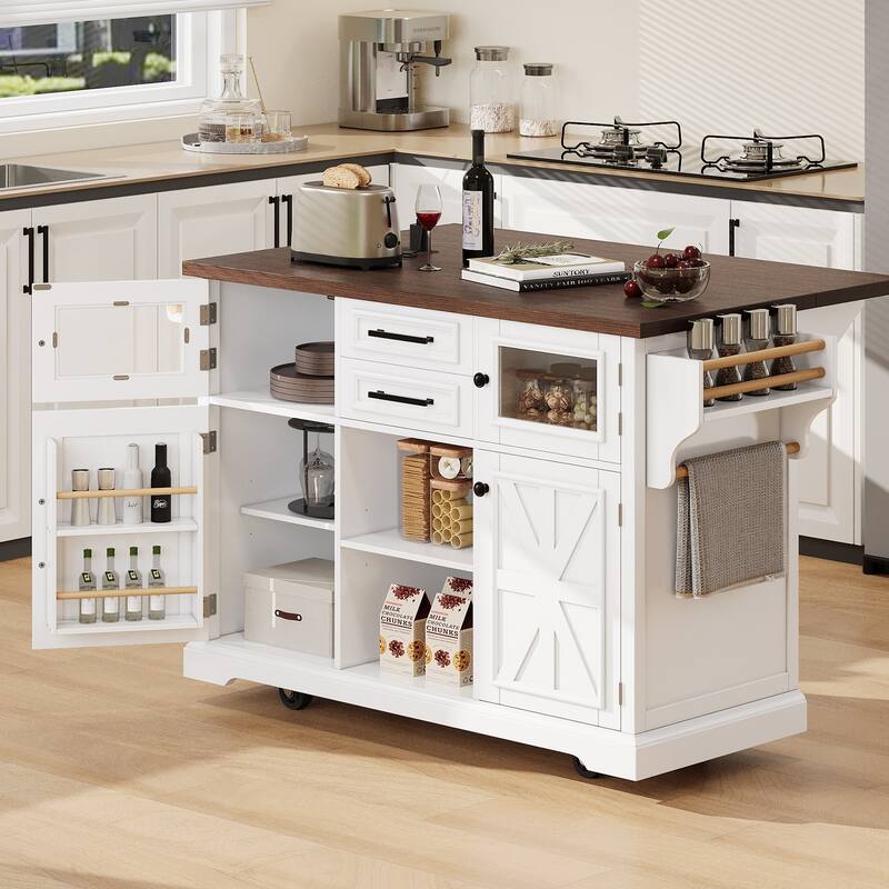 54.9"Rolling Kitchen Island w/ Drop Leaf,Power Outlet,Cross Barn Doors
