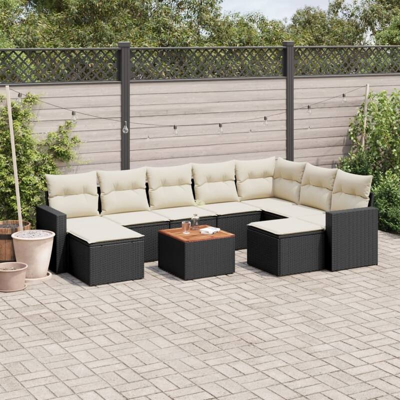 vidaXL Patio Sofa Set with Cushions Outdoor Furniture 10 Piece Poly Rattan - 21.7 x 21.7 x 14.6 - Black and cream