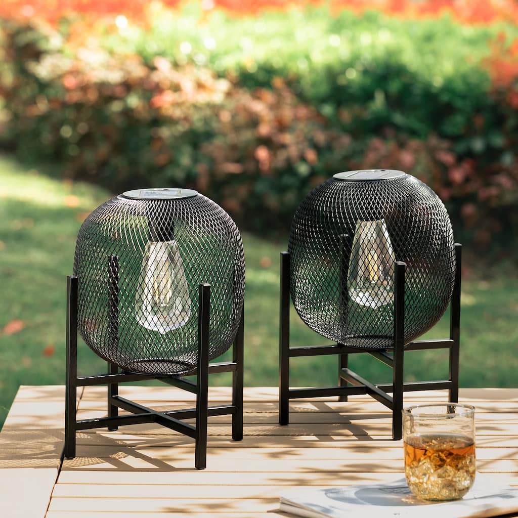 Glitzhome 11.5"H Set of 2 Mesh Edison Bulb Outdoor Solar Lantern with Stand