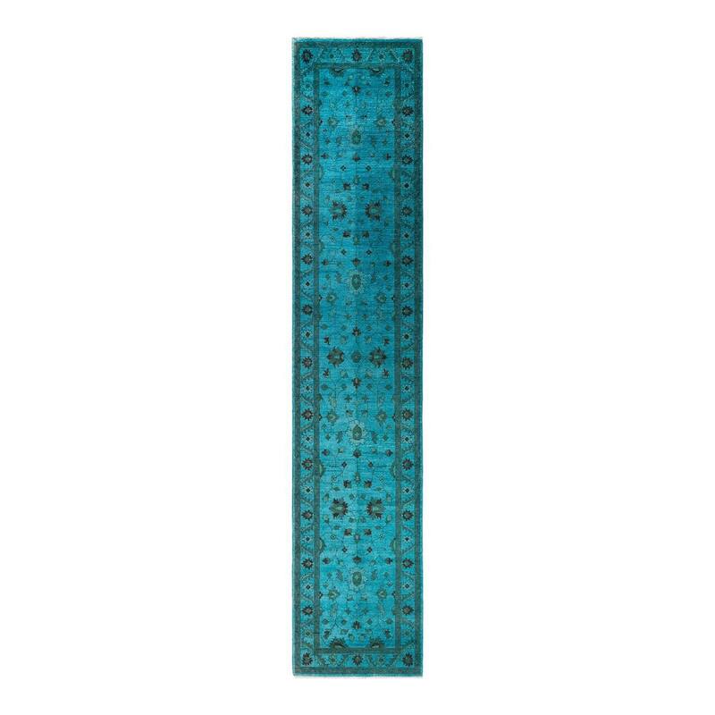 Overton Hand Knotted Wool Vintage Inspired Modern Contemporary Overdyed Blue Runner Rug - 2' 10" x 14' 9"