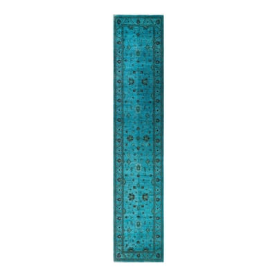 Overton Hand Knotted Wool Vintage Inspired Modern Contemporary Overdyed Blue Runner Rug - 2' 10" x 14' 9"