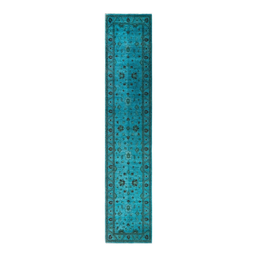 Overton Hand Knotted Wool Vintage Inspired Modern Contemporary Overdyed Blue Runner Rug - 2' 10" x 14' 9"