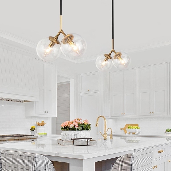 Marsie Mid Century Modern 2 Lights Pendant Chic Orb Hanging Lights Globe Glass Kitchen Island Bedroom L 12 x W 5.5 x H 73.5 Brass Gold Plated