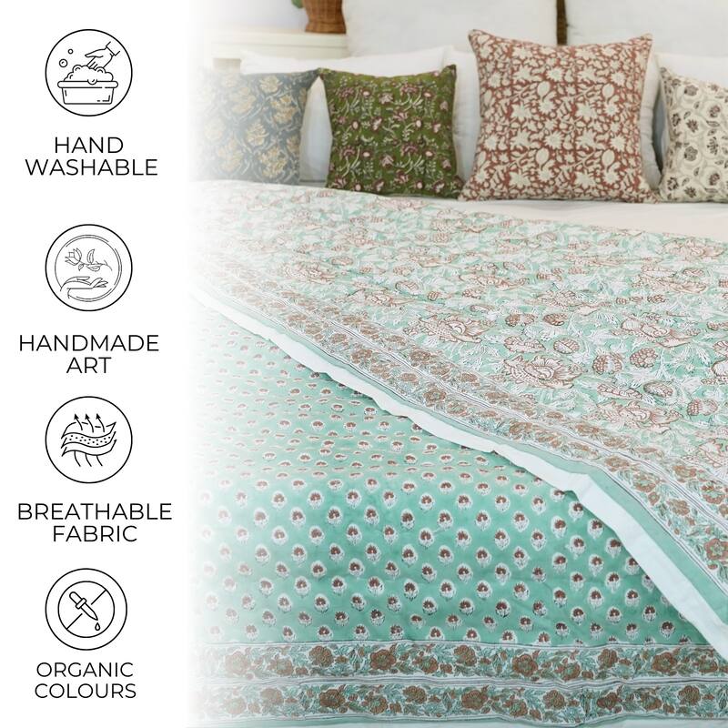 Fabdivine Hand Block Print Blue White Floral 100% Cotton Quilt - Handmade Reversible Organic Boho Bedding for Bedroom & Sofa