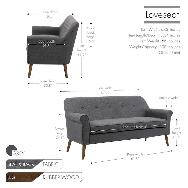Porthos Home Ruth Loveseat Small Sofa Couch, Fabric, Rubberwood