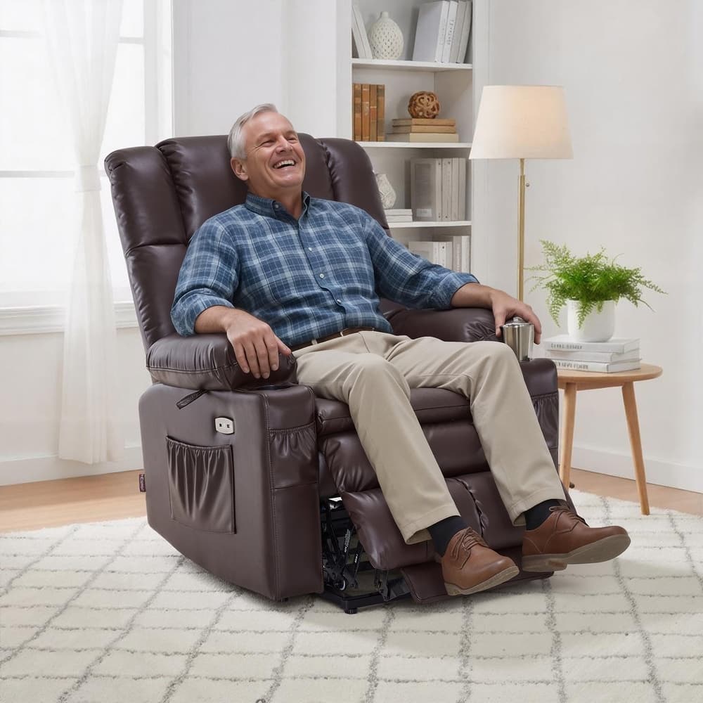 MCombo Medium Dual Motor Power Lift Recliner Chair Infinite Position, Massage and Heat, Extended Footrest, Faux Leather 7890