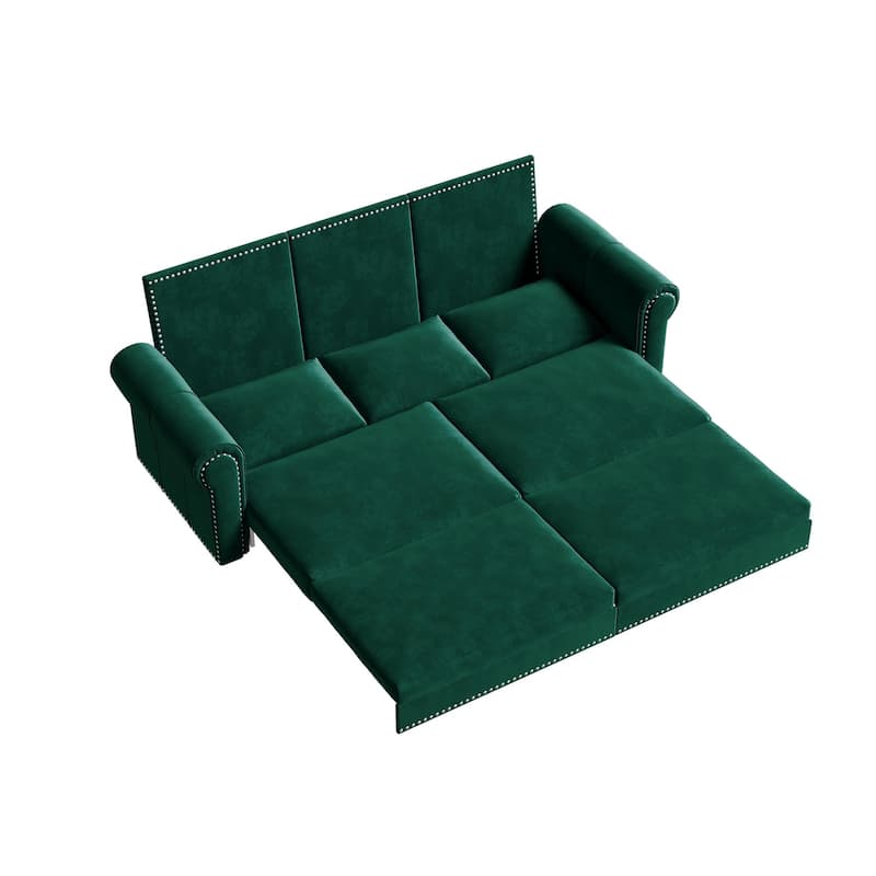 93.7" King Pull Out Sofa Bed w/ Nailhead Trim & Rolled Arm for Living Room Bedroom - Green