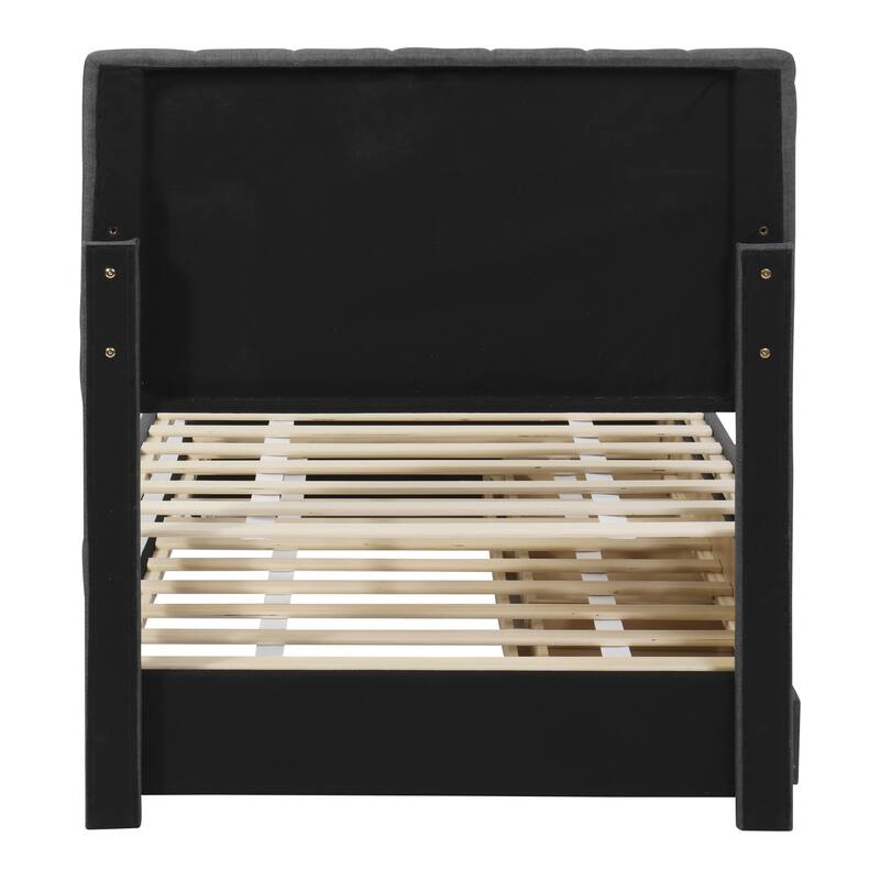 Twin Size Upholstered Platform Bed w/ Trundle Linen Fabric Storage Bed Frame & 3 Drawers, Space-Saving/No Box Spring Required