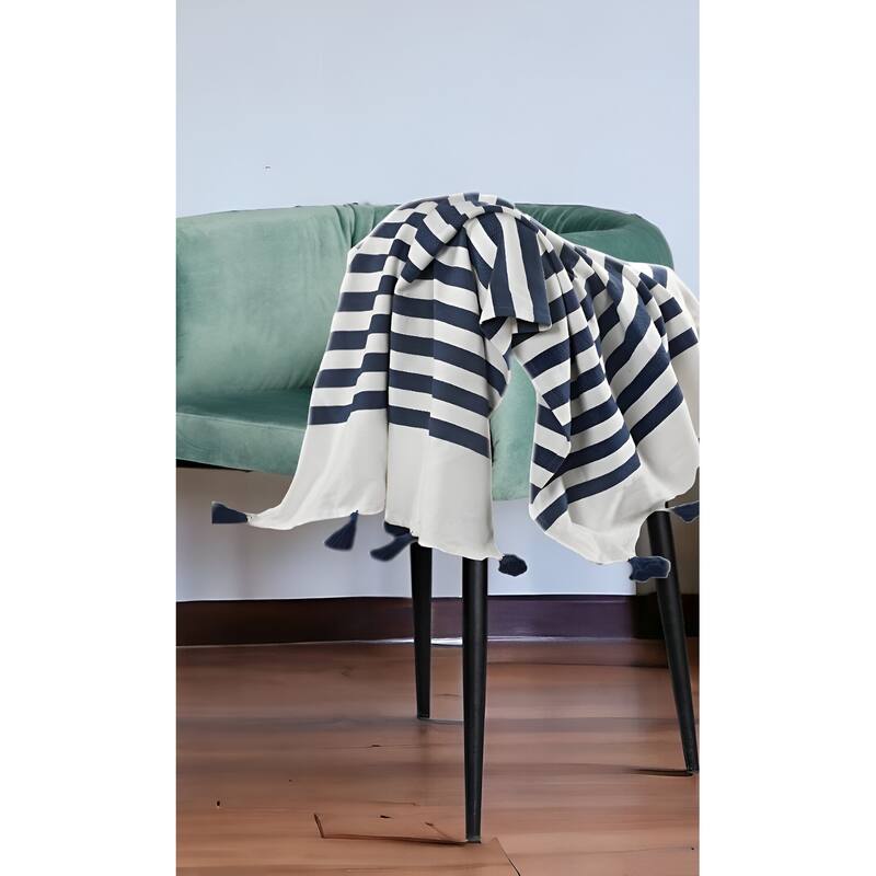 HomeRoots 50" X 60" Navy Blue And White Striped Cotton Throw Blanket - Throw - Navy Blue/White