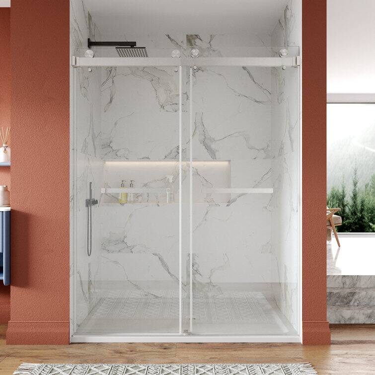 DeerValley 56" - 60" W x 76" H Double Sliding Frameless Shower Enclosure, Stainless Steel Accessories - Nickel