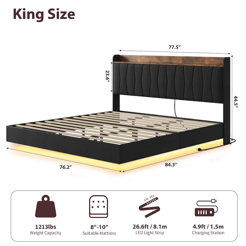 Full/Queen/King Floating Bed Frame with LED Lights & Charging Station, Upholstered Platform Bed with Storage Headboard
