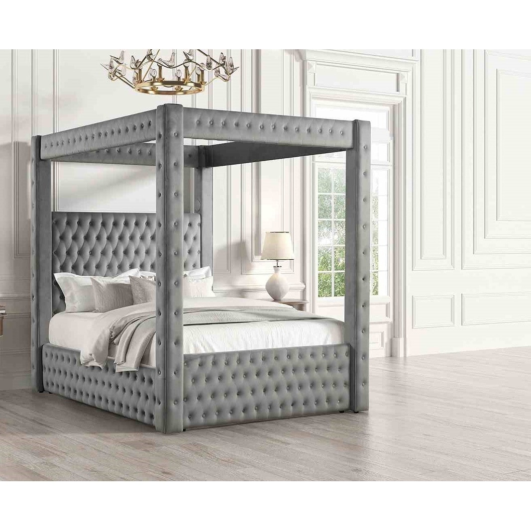 Transitional Gray Finish Poster Design 1Pc Fully Upholstered Platform Bluetooth Bed