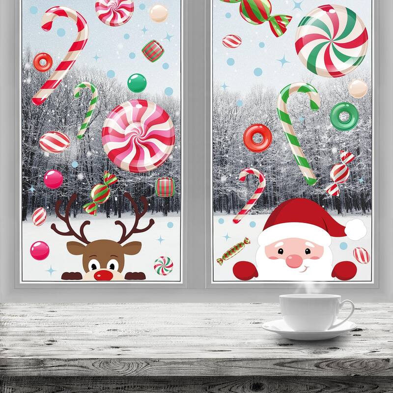 WALPLUS Santa And Rudolph In Candyland Christmas Window Clings Window Decoration Double Sided Reusable Removable Electrostatics