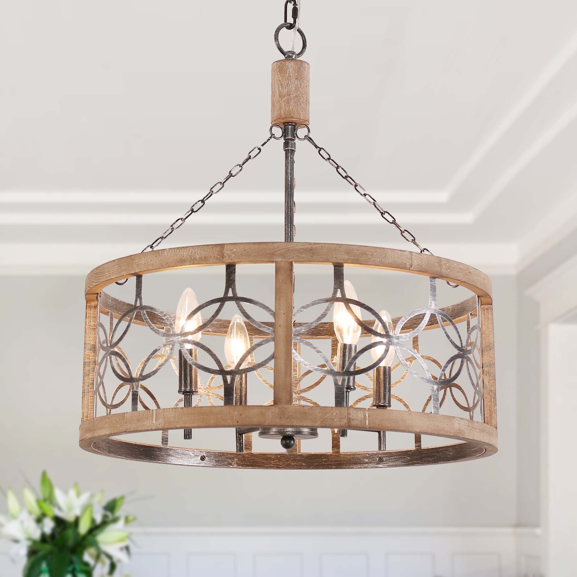 Bella Depot 4-Light Distressed Wood Wheel Chandelier Engraved Pattern Pendant Light with Adjustable Chain