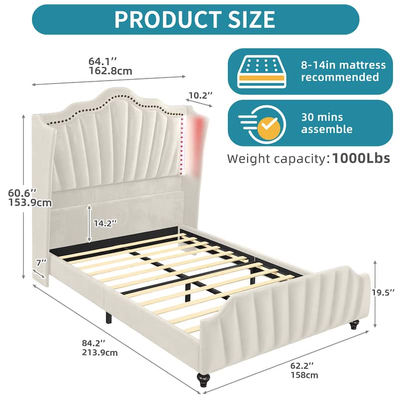 Velvet Upholstered Platform Bed Frame with 60" Tall Wingback Headboard