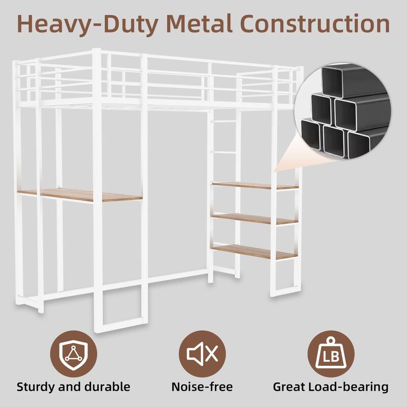 Iron frame bed with bed and table with stairs on both sides