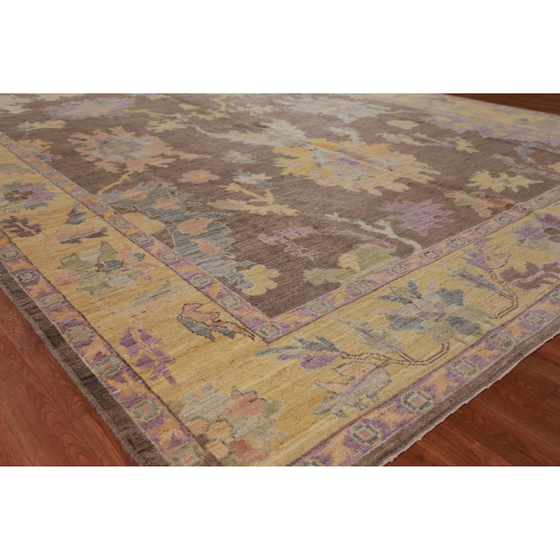 Hand Knotted Oriental 100% Wool Carpet Transitional All-Over Brown Oushak Area Rug - 11' 11'' X 9' 1''